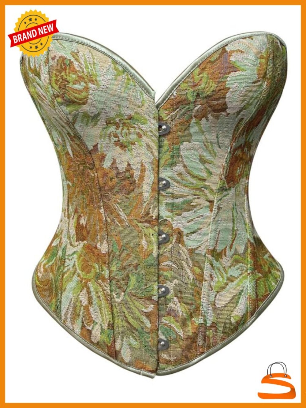 Vintage Floral Denim Overbust Corset Bustier Top with Busk Front
